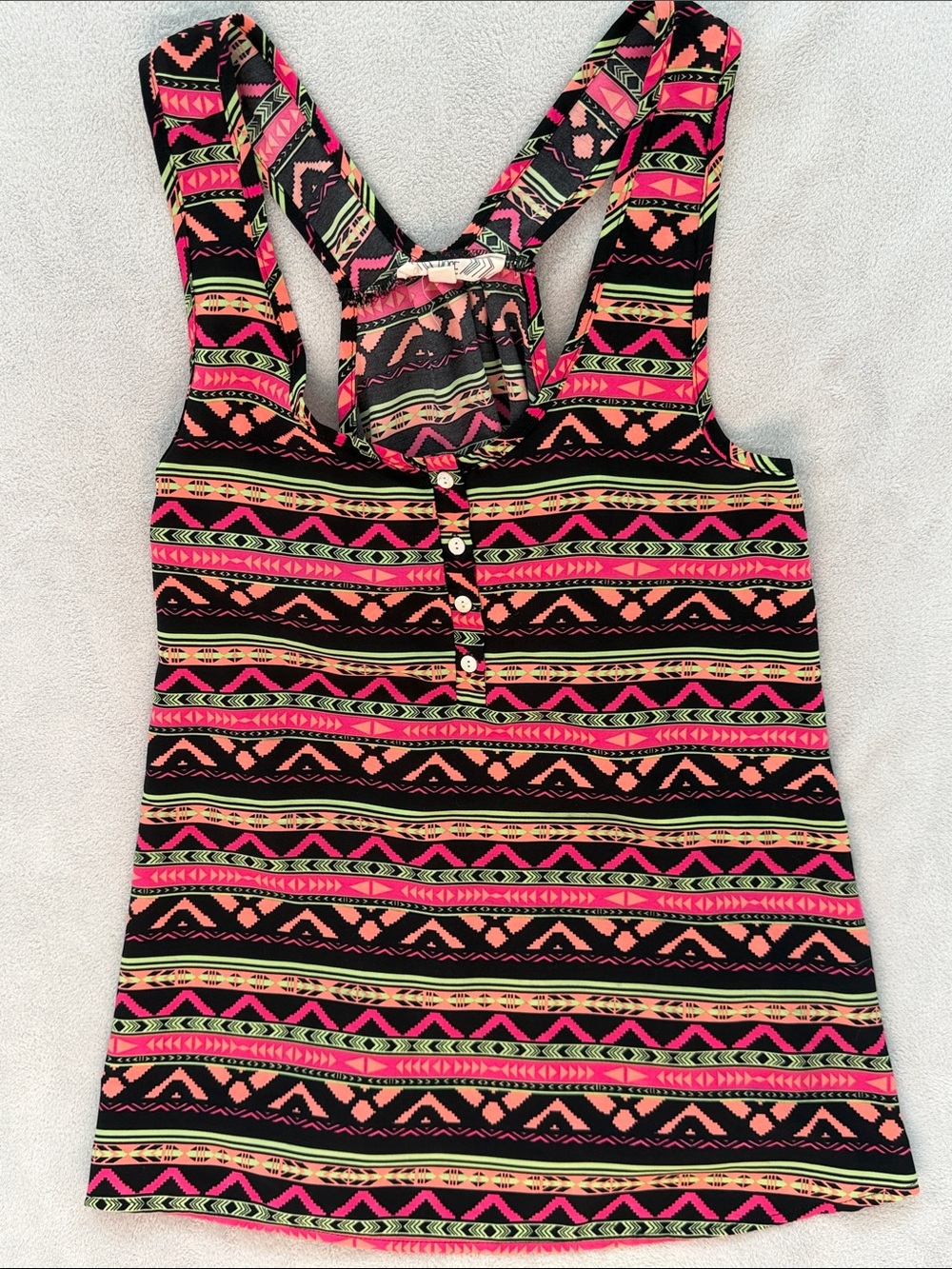 Pink Rose Black Tank Top with Neon Pink, Coral & Lime Aztec Stripes